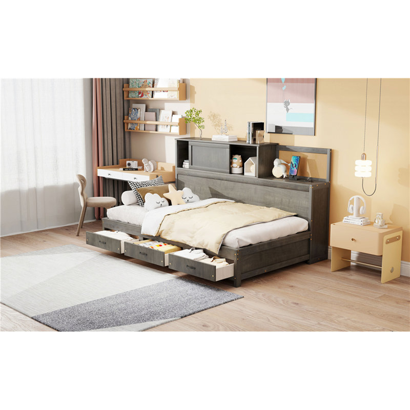 Wooden Daybed with 3 Storage Drawers, Grey, Twin