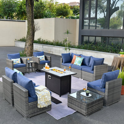 8 - Person Outdoor Conversation Set,  Wicker Patio Seating Group with Cushions, All Weather Sectional Sofa Set with Fire Pit for Garden, Backyard