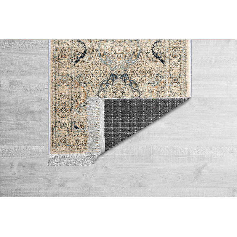 Tapis oriental ivoire / bleu Alata, Tapis de couloir 2 pi 7 po x 6 pi 7 po