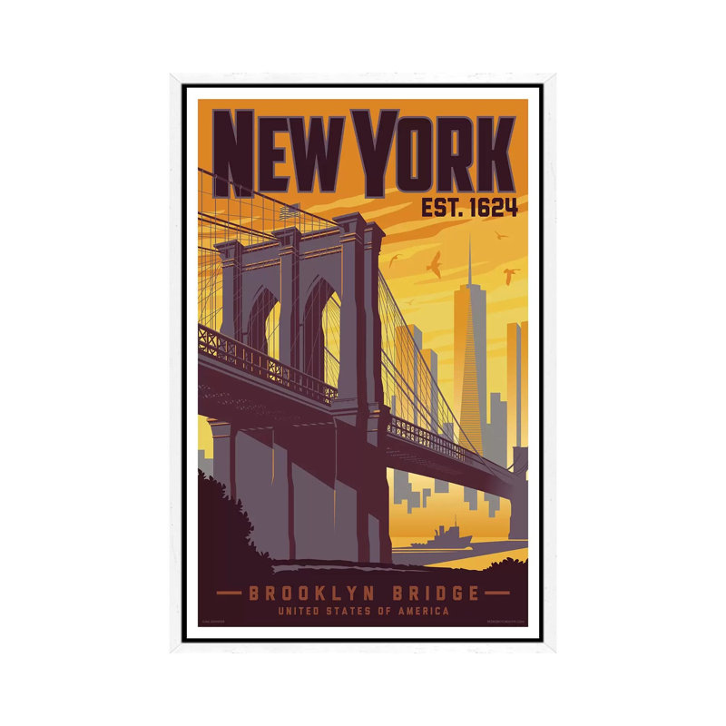 New York Brooklyn Bridge Travel 1 Piece Wall Art on Canvas, 152.4cm H x 101.6cm W x 3.81cm D, White Framed