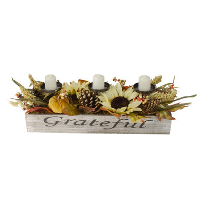 30" Autumn Sunflower "Grateful" Candle Holder Centerpiece