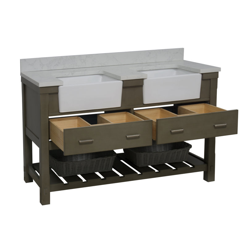 Ensemble de meuble-lavabo double 60 po Hitton, Gris patiné, Marbre de Carrare