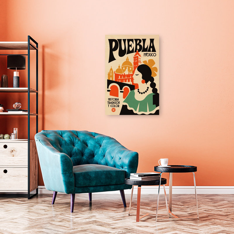 Retro Puebla Mexico Travel Colorful Retro Traditional Architecture City Wall Art Print 1 Piece Wrapped Canvas Wall Art