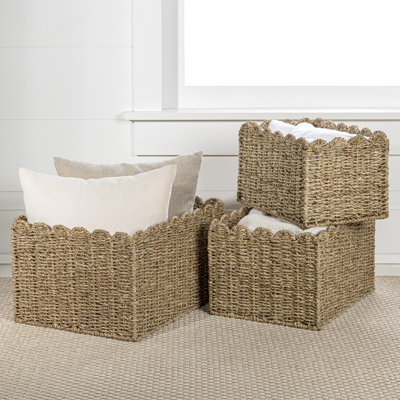 Arden Coastal Cottage Seagrass Scalloped Rectangular Organizing Storage Baskets (Set of 3)