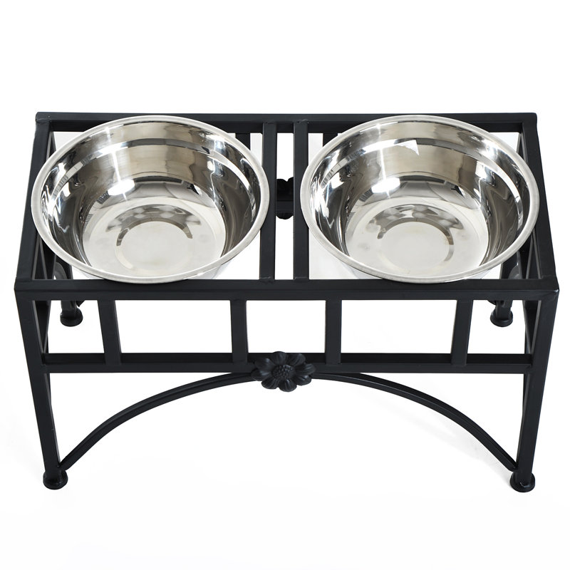 Elevated Double Stainless Steel Pet Feeding Station with Iron Frame