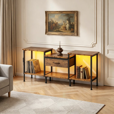Meuble télé 47 po pour téléviseur de 65/60/55 po, centre de divertissement avec prise de courant et tiroirs en tissu, console de télévision rustique industrielle avec lumières DEL et rangement ouvert pour le salon et la chambre à coucher