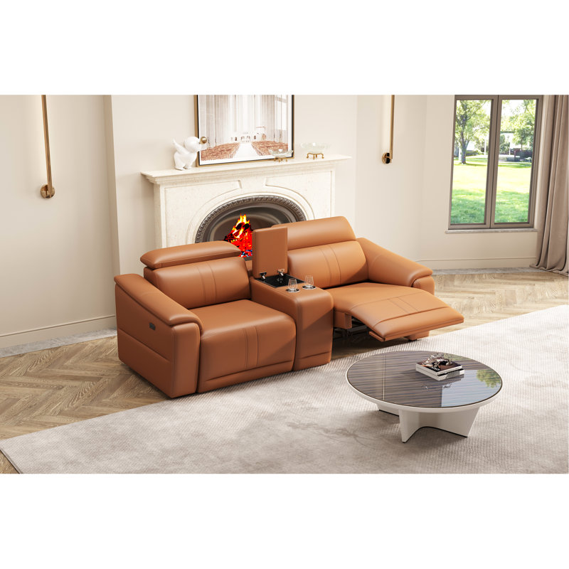 Brown 3 Modular Leather With 2 Cup Holders And Electric Recliner, Comfortable Sectional For Living Room, Modern Design Small Spaces, Breathable High Sponge, Built-in Storage Design,