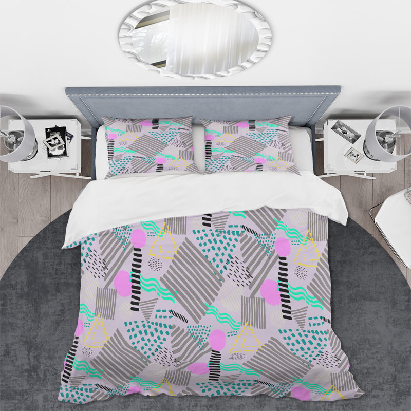 Formes géométriques rétro en noir gris et rose II - ensemble de housse de couette moderne - microfibre de polyester