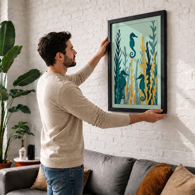 Seahorses in Seagrass Coastal - Framed Print, Walnut, A3 - 42.0 x 29.7 cm
