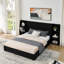 Grand lit plateforme avec rangement moderne noir, tête de lit en velours brillant avec bibliothèques latérales et tiroir, matelas non inclus-903336892-903336893