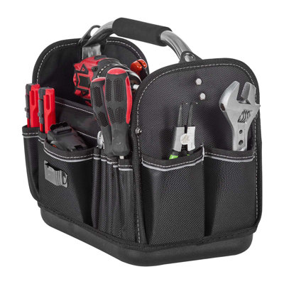 13-Inch Tool Bag with 33 Pockets, Open Top Design, Durable Maintenance Organizer with Hard Plastic Base, Adjustable Shoulder Strap, Ideal for DIY Projects and Jobsite Use