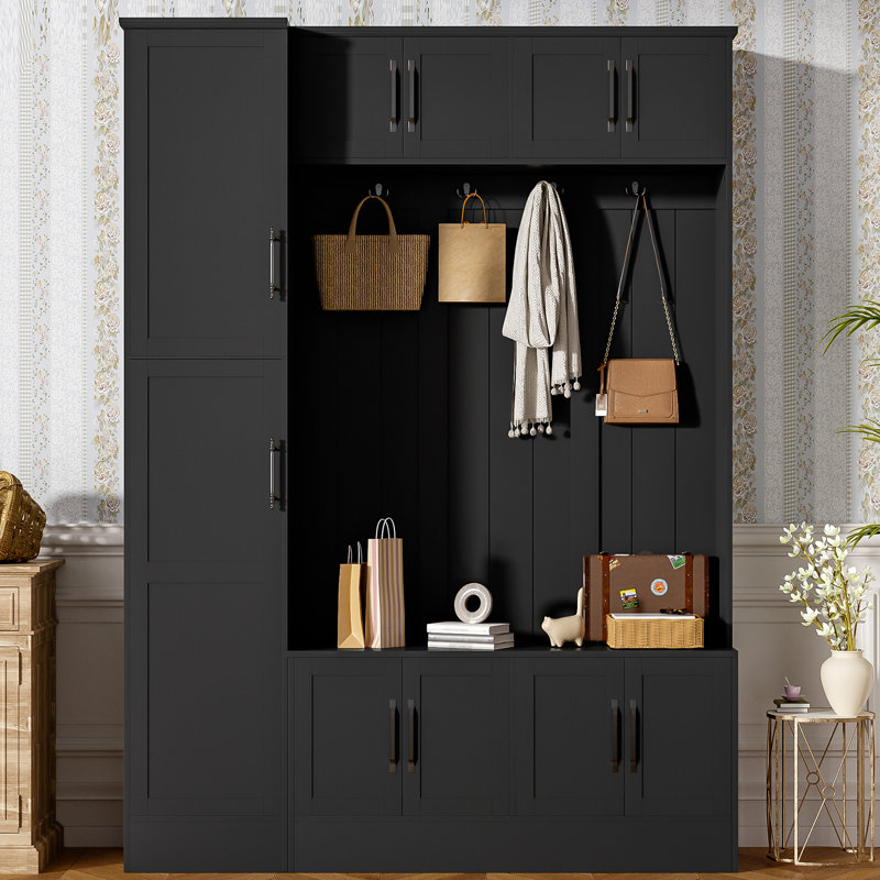 79"H 4-In-1 Hall Tree With 6 Cabinets, 4 Coat Hooks, Black