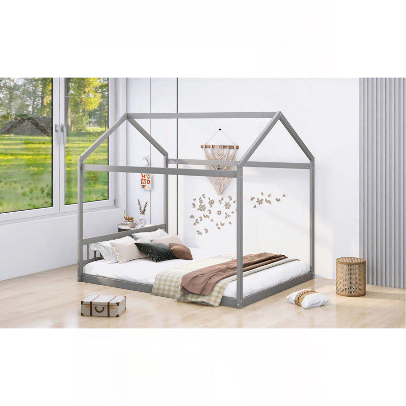 Queen Size Wooden House Bed With Headboard,Gray