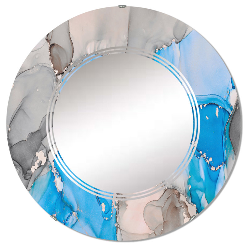 Bleu et gris luxueux abstrait Art fluide II - miroir mural moderne, 24 po x 24 po