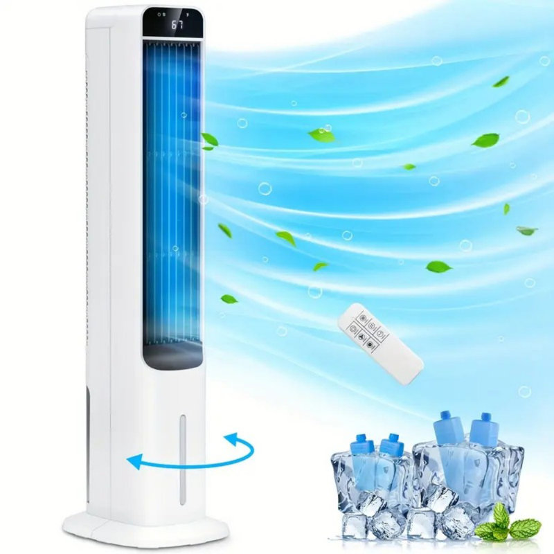 Evaporative Air Cooler Quiet Cooling Fan Swamp Cooler With Water Refilling, 4 Ice Boxes Remote Control 100° Oscillation 3 Speed And 3 Wind Type For Home Office, More Cold Tower Fan