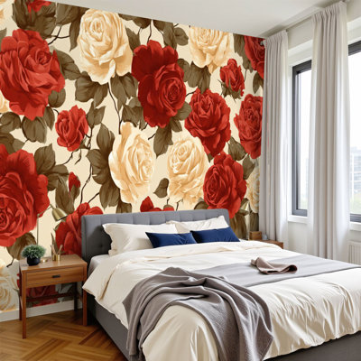 Papier peint à peler et coller, papier peint floral, roses rouges, crème, beige, H 100 po x l 144 po, papier peint amovible, peintures murales auto-adhésives, décoration pour le salon de la chambre à coucher
