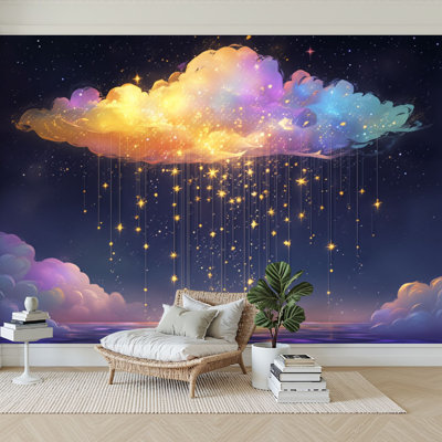 Peel and Stick Wallpaper 96" x 69" Modern Self Adhesive Wall Mural for Bedroom Magical Rainbow Cloud Sparkling Star Rain Serene Ocean Cosmic Sky