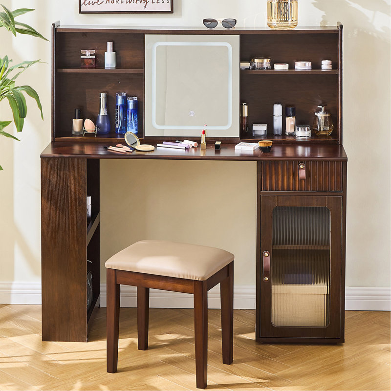 Ensemble de coiffeuse élégant avec miroir lumineux réglable 3 modes, coiffeuse moderne avec grandes tablettes, tiroir et canette