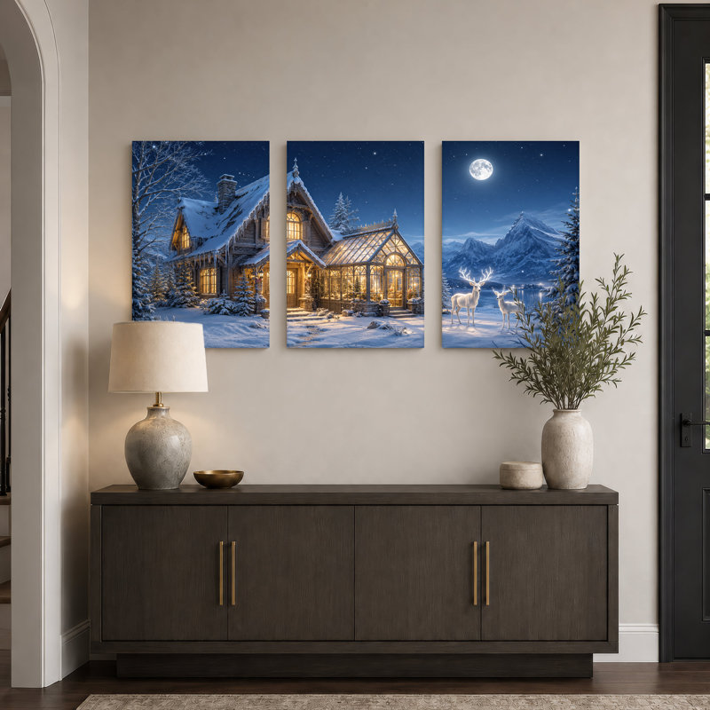 Ensemble de 3 toiles enneigées, chalet avec serre et blanc Halloween, H 30 po x l 20 po x 3 pièces
