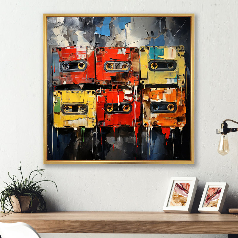Colourful Colorful Art Melodic Tapes I - Cassette Tapes Wall Art, Cadre flottant doré, H 30 po x l 30 po x P 1,5 po