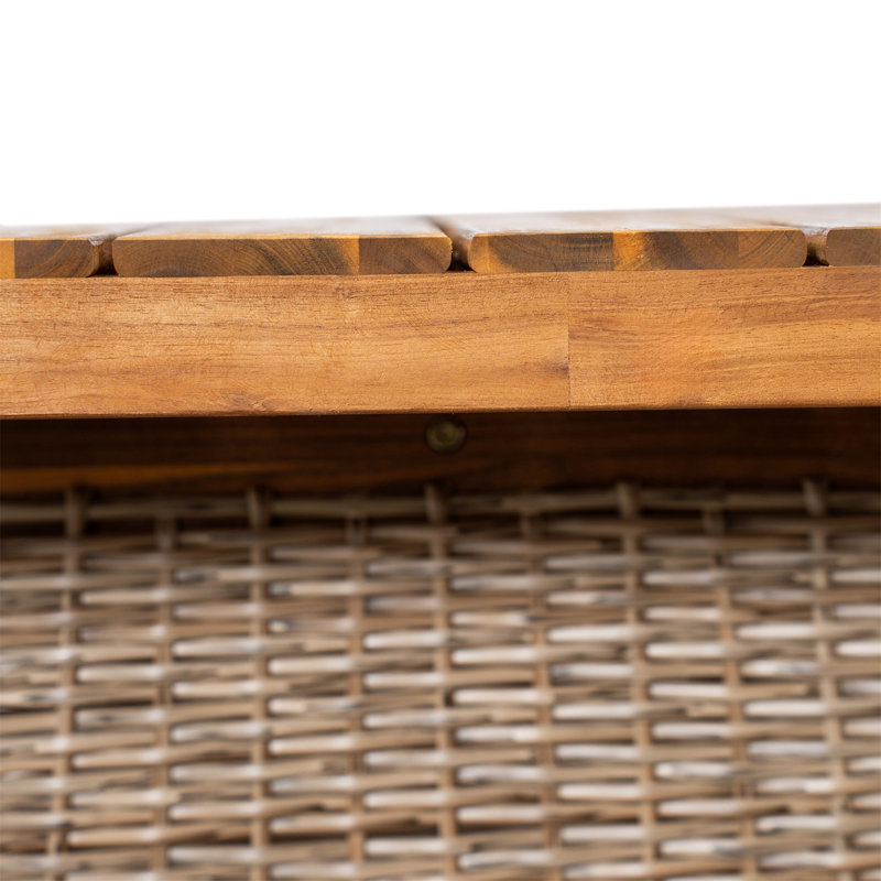 Ensemble repas d'extérieur 3 pièces en bois d'acacia avec pieds en rotin tissé à la main, 3 pièces: table, 2 bancs, Brun