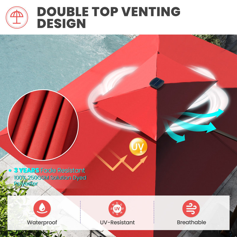 Parasol de patio rectangulaire en porte-à-faux 9 x 11 pi avec lumières DEL solaires, base lestée non incluse, Rouge