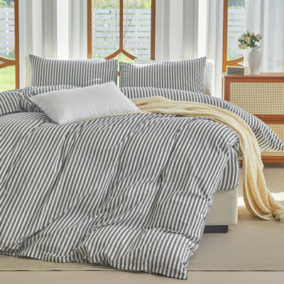 XINMIANFANG Striped Duvet Cover Set 100% Washed Cotton Linen Like Textured Bedding Set 3 Pcs Comforter Cover for All Seasons