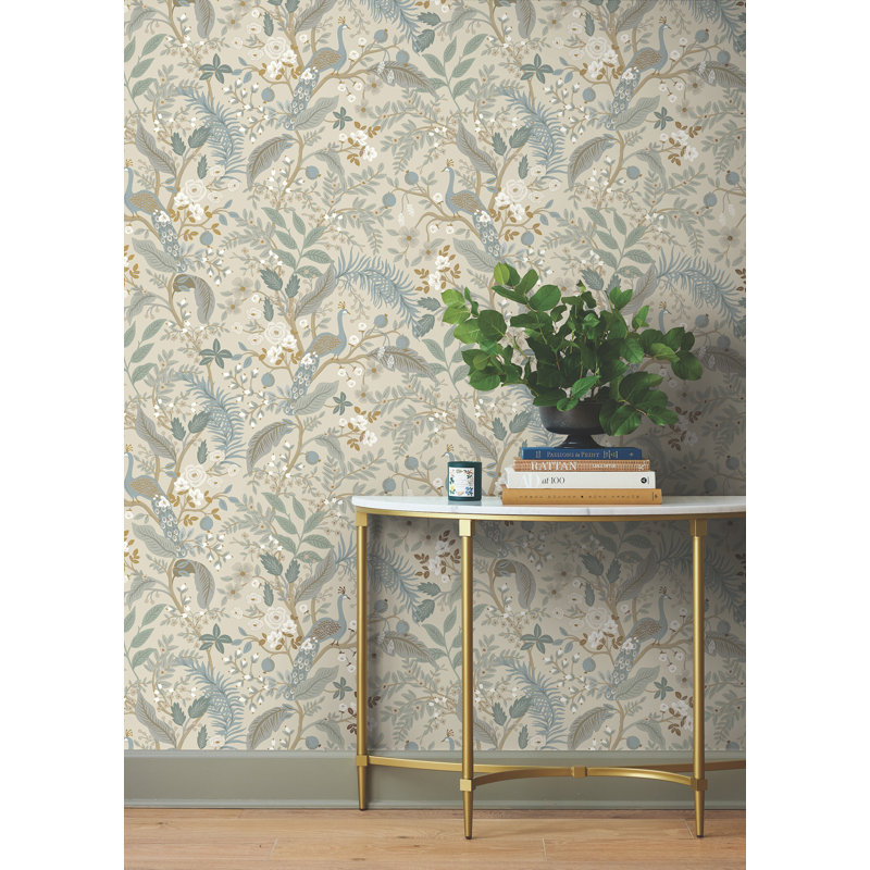 Peacock Garden Navy Peel and Stick Wallpaper, Beige