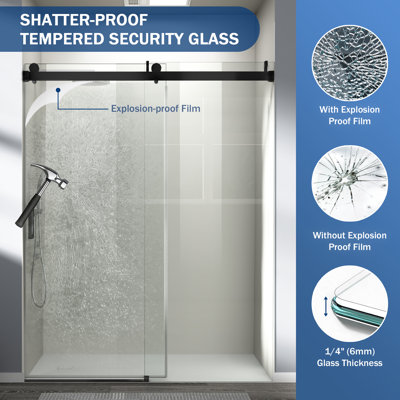56"-60" W x 76" H Frameless Shower Door Soft-closing Single Sliding Tempered Glass with Explosion-proof Coating, Matte Black