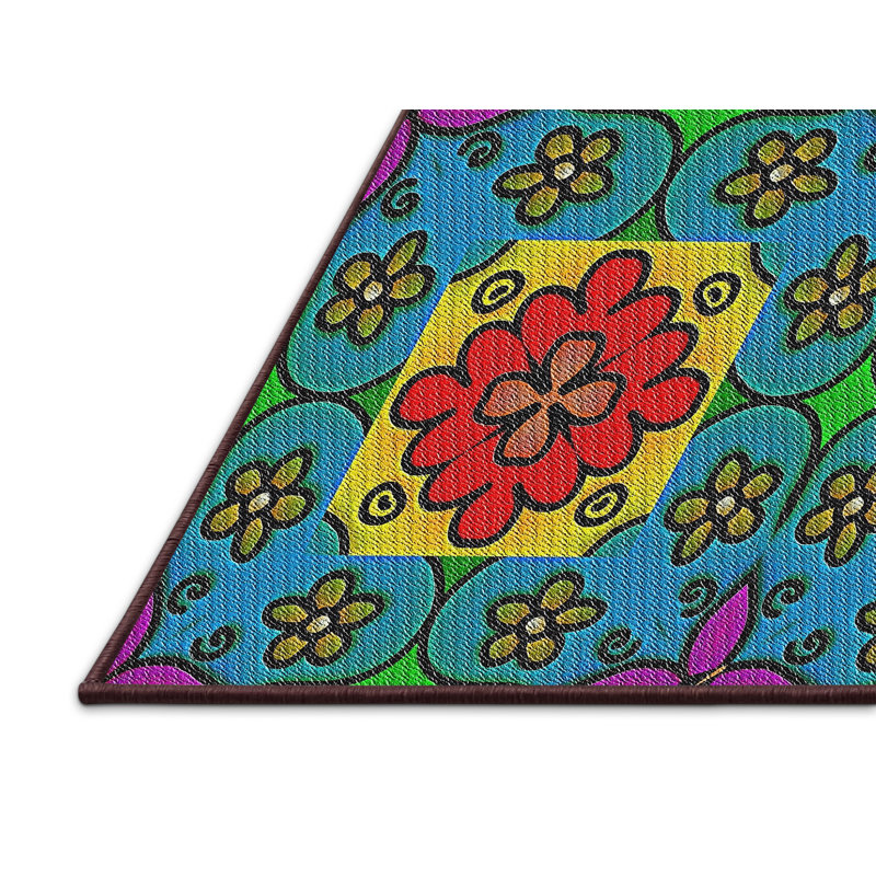 Tapis floral rouge / bleu / jaune, Rectangle 6 pi x 9 pi