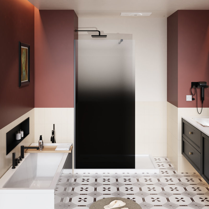 34 In W X 72 H Shower Door, Single Glass Panel, Black Gradient Tempered With Stainless Steel Rod, Suitable For Bathroom, , Stain - , Adjustable Aluminum Support, Reversible Installation, Visual