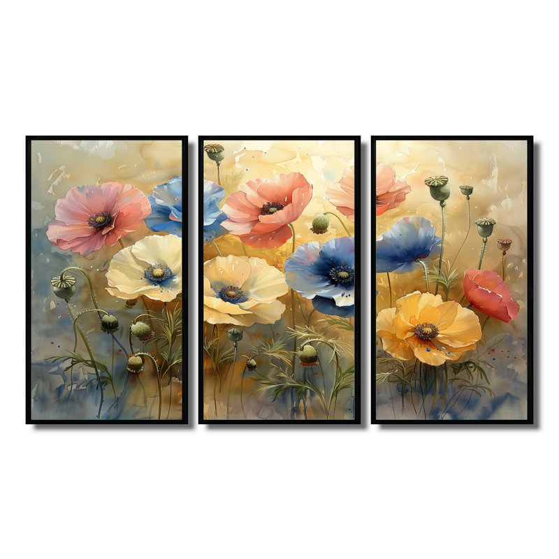 Ensemble de salon Stowmarket - Poppies Wall Art, Toile avec cadre flottant noir, H 40 po x l 60 po x P 1 po