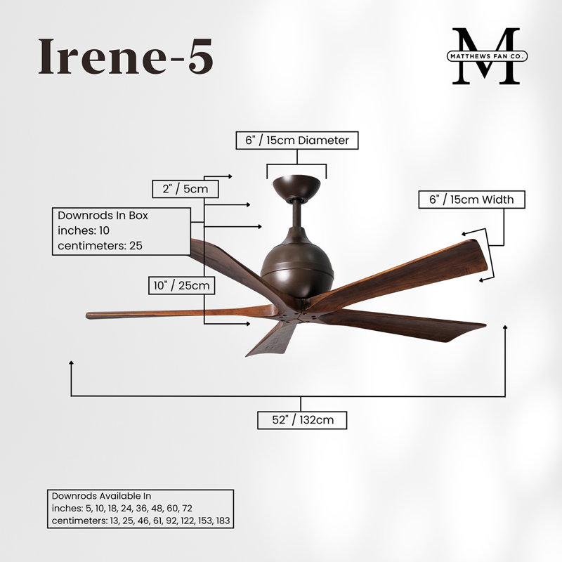 52" Irene 5-Blade Ceiling Fan with Wall Remote, Textured Bronze, Walnut, 52"