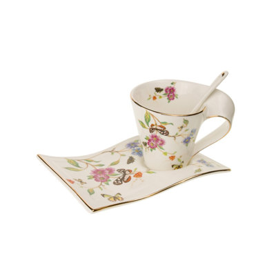Ensemble de tasse à thé et soucoupes 3 pièces noir et jaune papillon Pederson