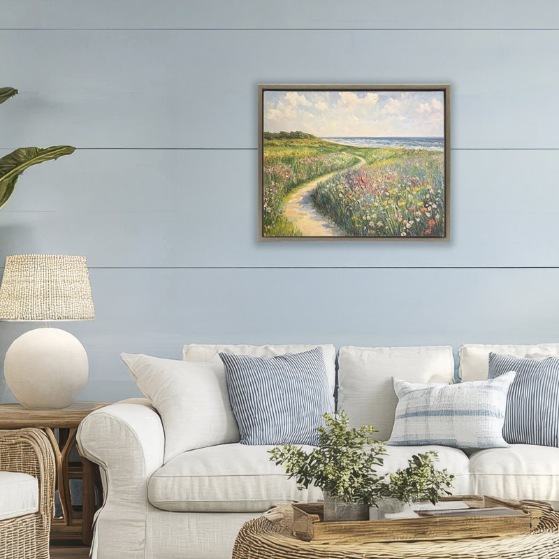 Cadre flottant impressionniste, prairie côtière, design par Petal Prints Design, Cadre flottant orme Montalcino