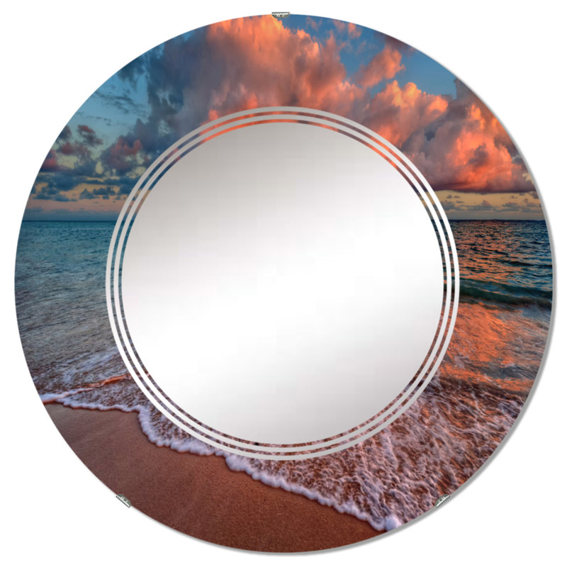 Coucher de soleil sur un rivage océanique III - Miroir mural nautique et côtier rond, 32 po x 32 po