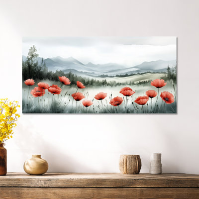 Impression sur métal colorée - coquelicots rouges dans les prés verts, art mural floral
