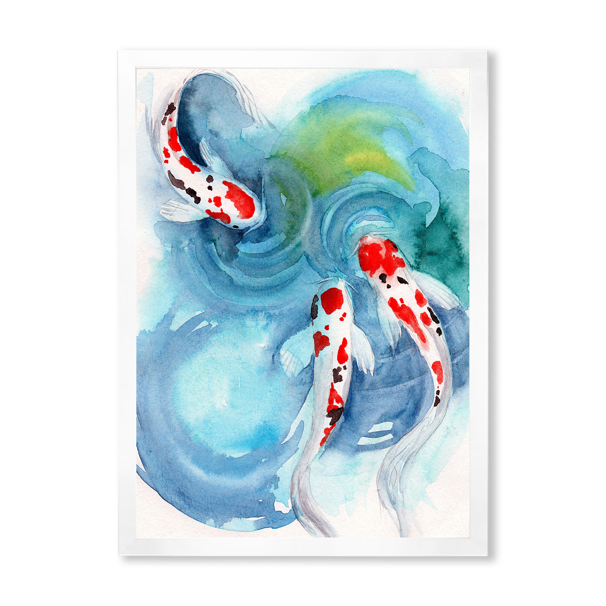 White Koi Carp Fish In a Pond Wall Art. Watercolor painting 11,5 x 16,25
