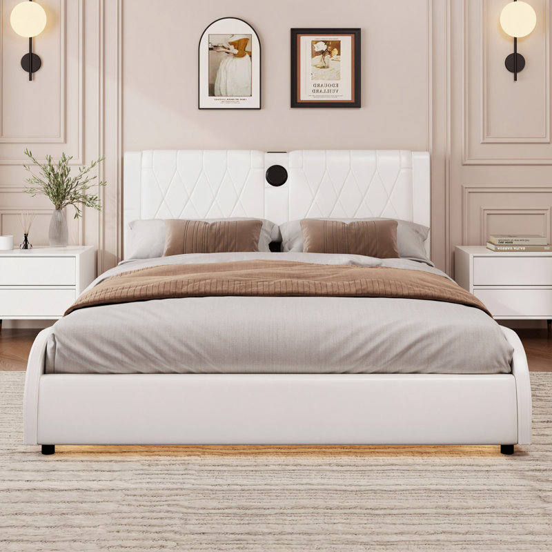 Modern RGB LED Bed Frame with Faux Leather and Bluetooth Speakers, White, King