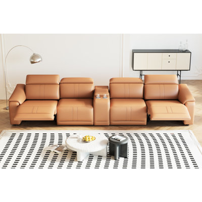 Canapé d'angle 5 pièces en cuir orange avec fonction relax électrique et rangement intégré, confortable pour le salon, design minimaliste moderne, rembourrage en coton technique