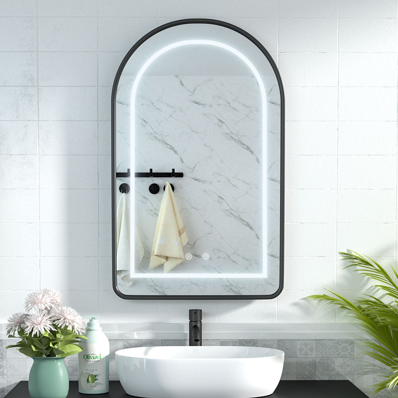 Chazael 19.7'' W 31.5'' H Framed Arched Medicine Cabinet Mirror 3 Fixed with LED Defogger ,Black, Black