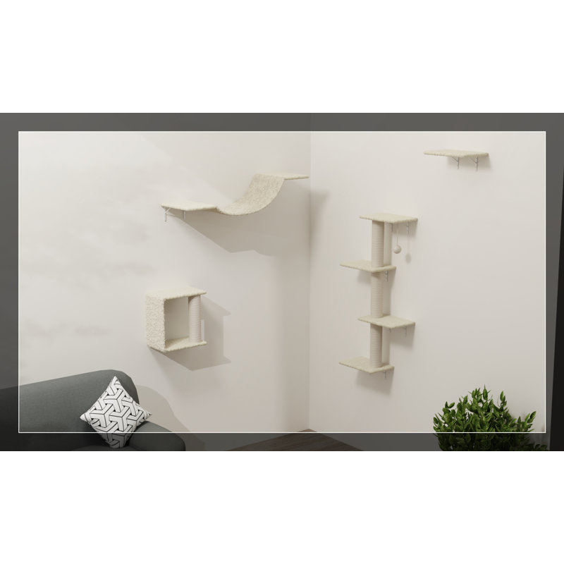 Meuble mural moderne pour chat avec pont en peluche, marches et griffoir en sisal pour un plaisir félin (ensemble de 4)