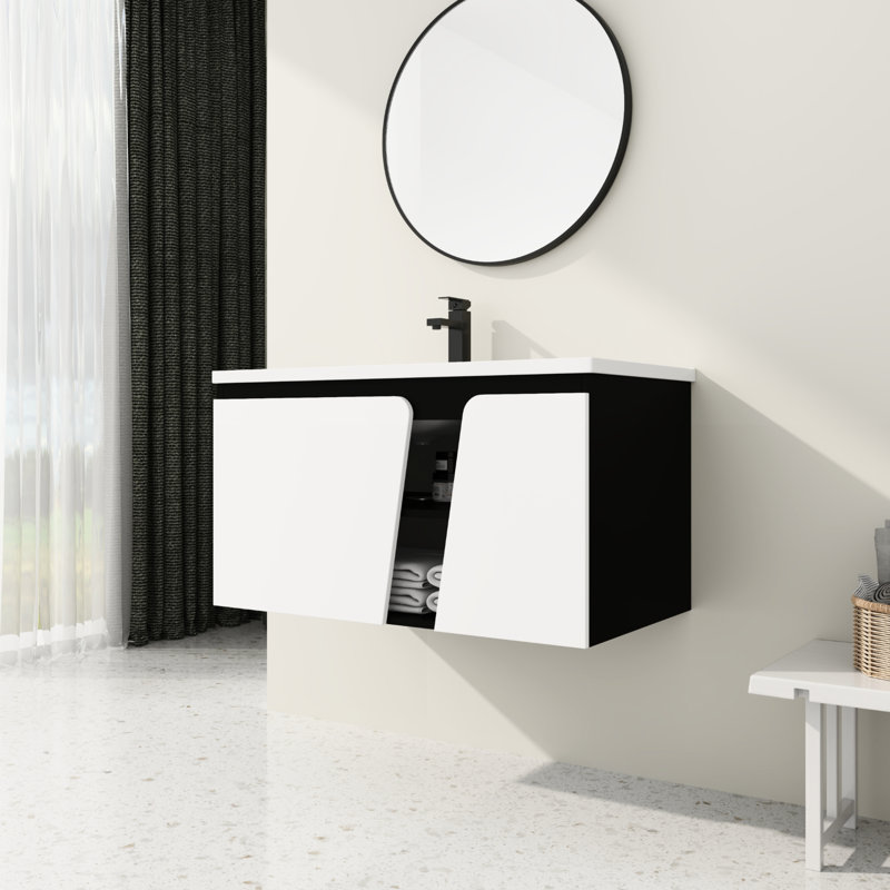 Meuble-lavabo moderne avec lavabo en céramique et porte d'armoire à fermeture en douceur. . Rangement adéquat. Fabrication en contreplaqué. Lavabo blanc et noir de 36 po pour salle de bain. Blanc spacieux et noir