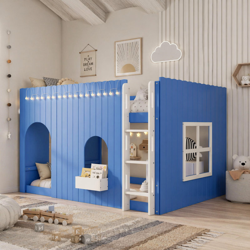 Lit de clôture sans porte, lit de plancher en bois d'hévéa avec barrières de sécurité, Full, Blue