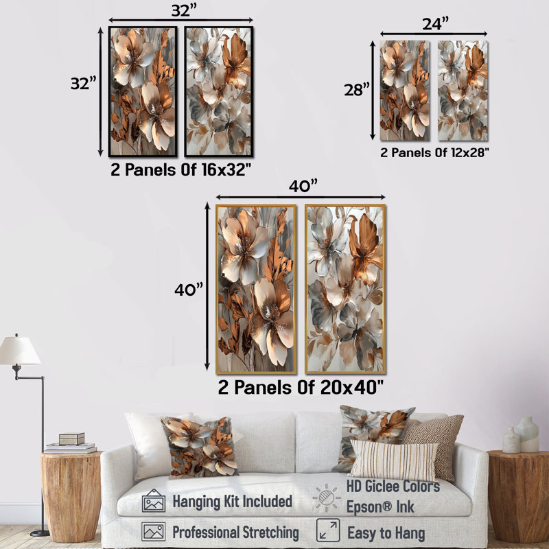 Cuivre métallique et chrome fleurs abstraites I - Collection de 2 toiles abstraites sur toile, H 32 po x l 33 po