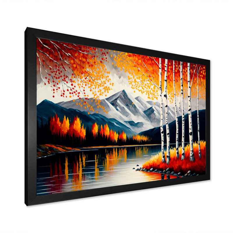 Bouleaux rouges et oranges au bord du lac III - Impression sur toile, H 12 po x l 20 po x P 1 po, Cadre photo noir
