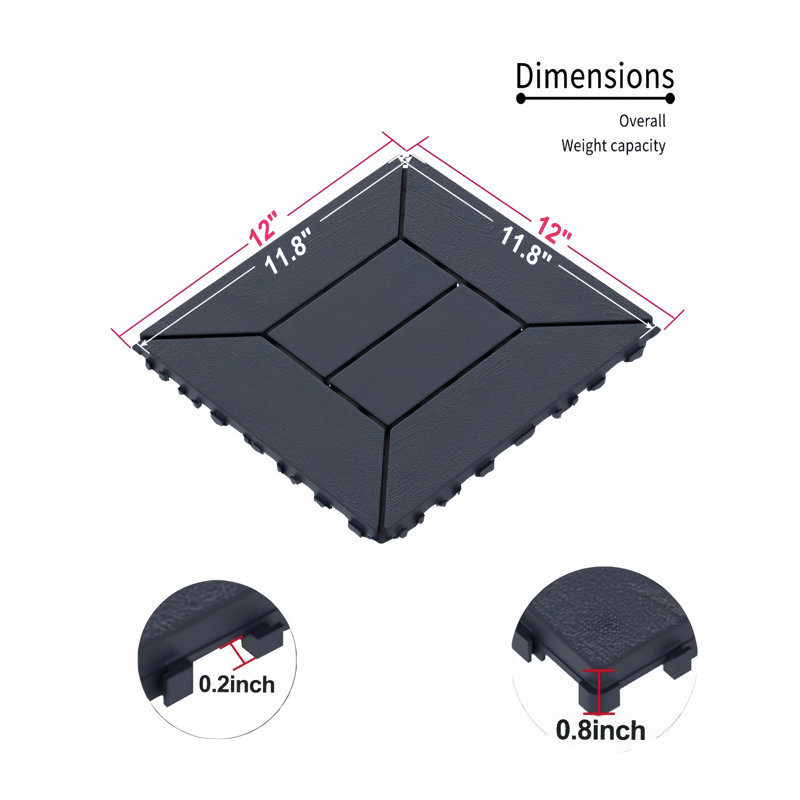 12'' L X 12'' W Beetle Style Plastic Interlocking Deck Tile,44Pcs Included, Dark Gray