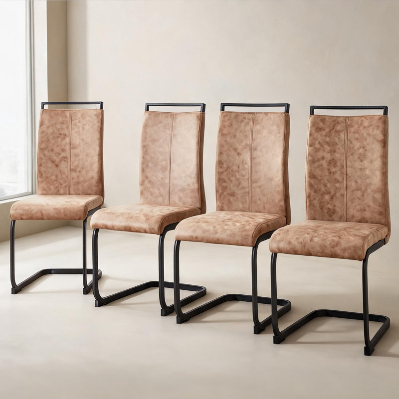 Set of 4 Side Chairs with Brown-Toned Fabric Upholstery, High Back and Black Metal Legs for Dining Room or Kitchen