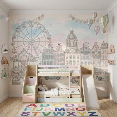 European Town Wallpaper Ferris Wheel Cityscape Removable Wall Decor
