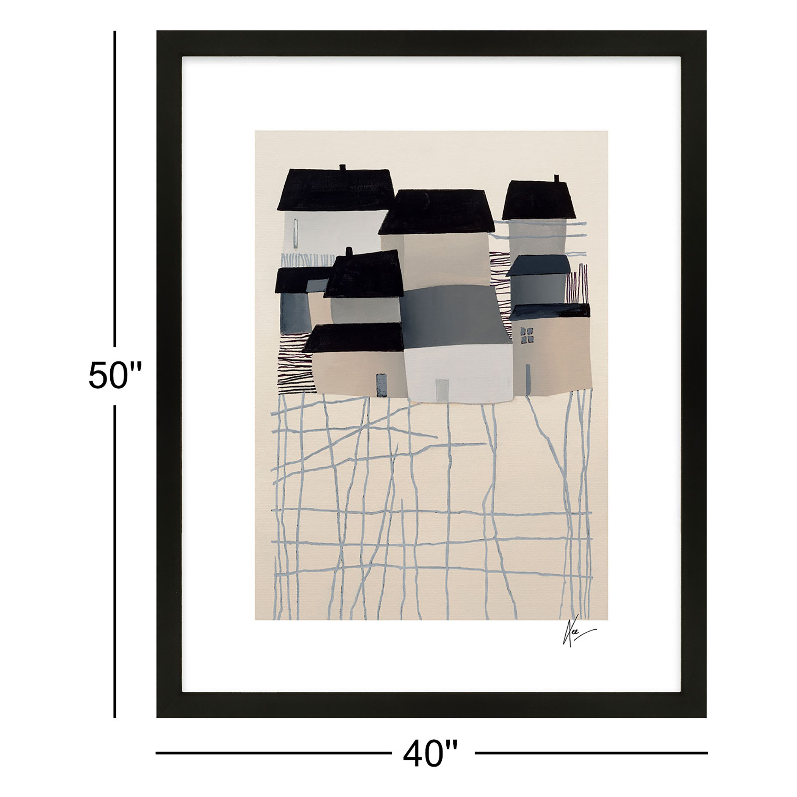 Village Print by Lee Lessem, 50" H x 40" W x 1.25" D, Black